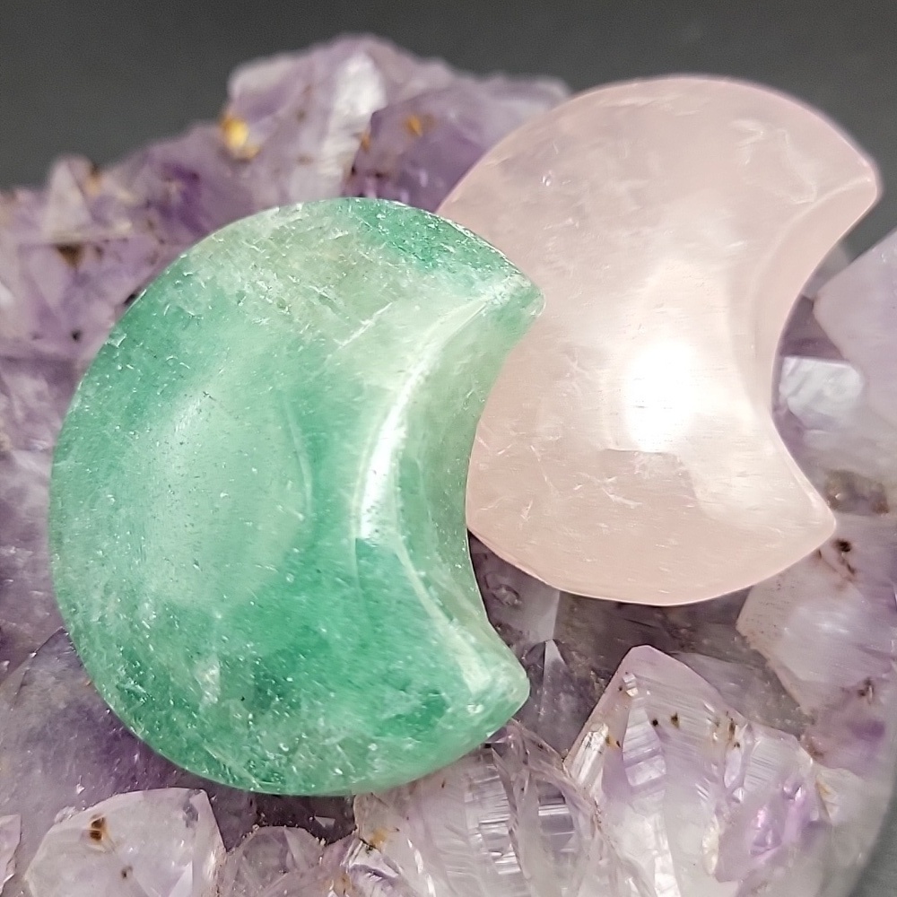 2" Green Aventurine and Rose Quartz Crescent Stone Moon 50mm X 20mm